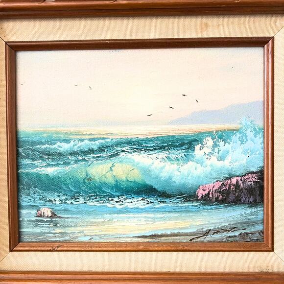 Vintage Ocean Wave Painting with Brown Frame - Picture 2 of 4